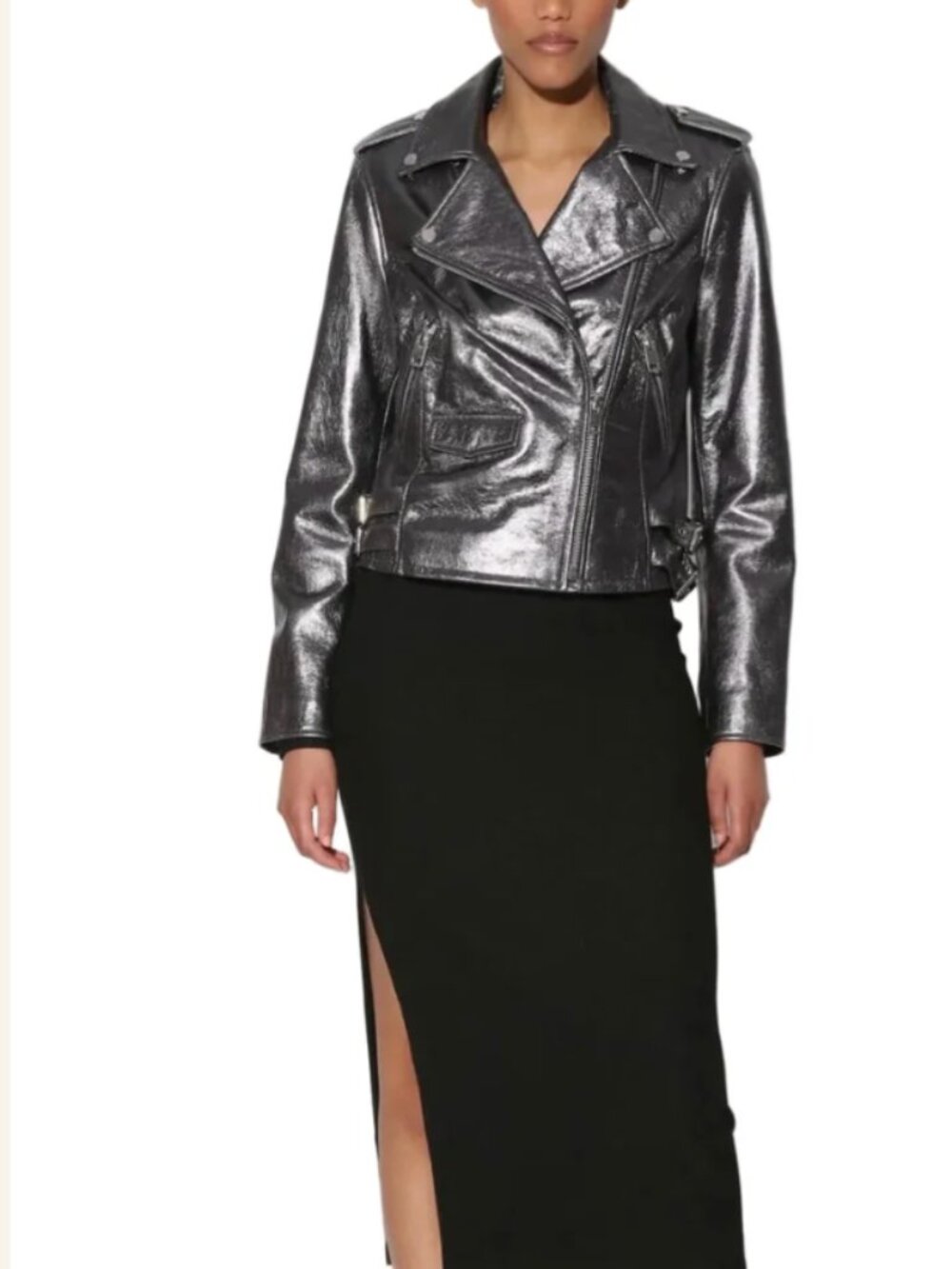 Walter Baker Liz Metallic Leather Crop Moto Jacket Silver Grey (Size S)